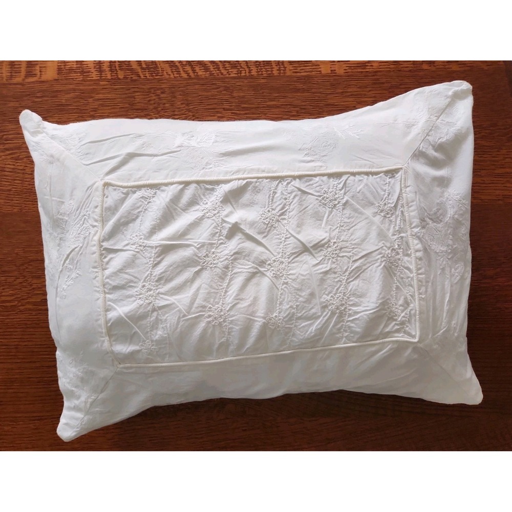 Simply Shabby Chic White on White Floral Satin Stitch Embroidered Standard Sham